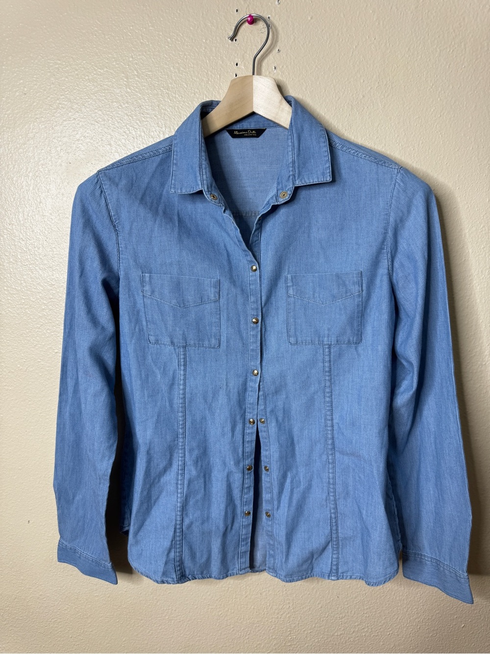 Massimo Dutti Blue 100% Cotton Western Snap Front Shirt Long Sleeve Size 8